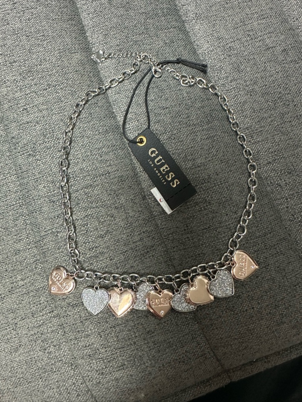 GUESS Silver Chain Necklace with Rose Gold & Silver Heart Charms
